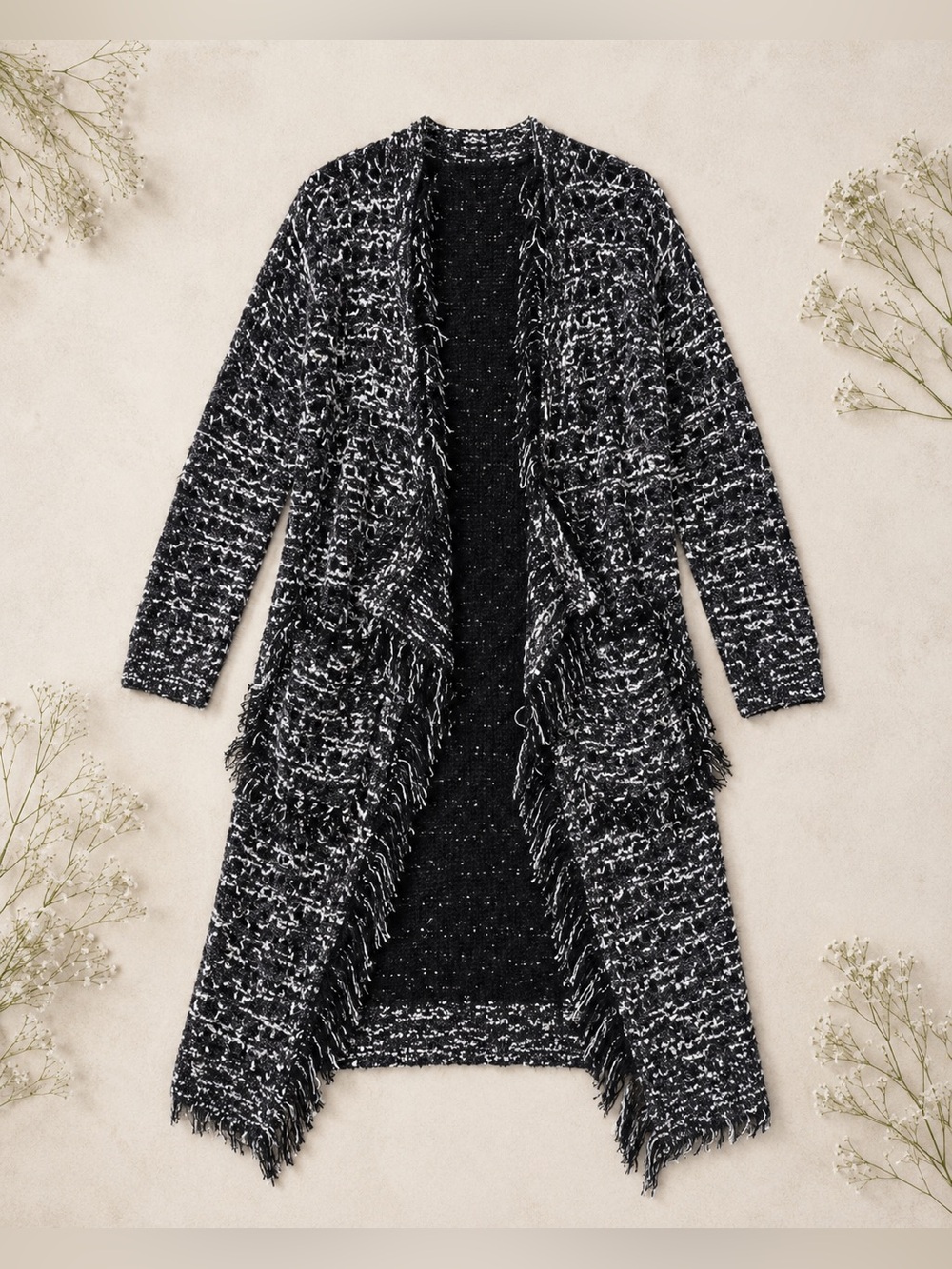 Anthropologie Foxiedox Black White Knit Fringe Duster Cardigan M
